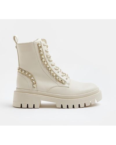 River Island Cream Chain Lace Up Chunky Boots - Natural
