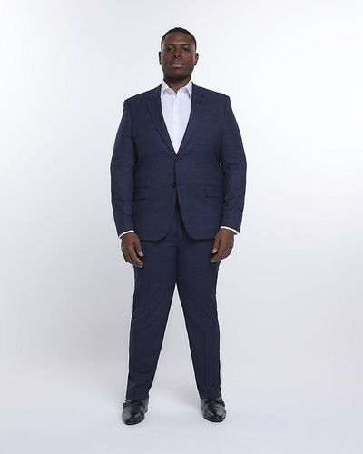 River Island Big & Tall Navy Slim Fit Check Suit Pants - Blue