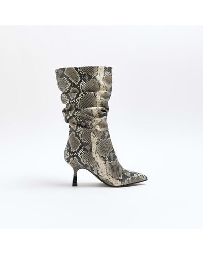 River Island Animal Print Slouch Heeled Boots - Natural