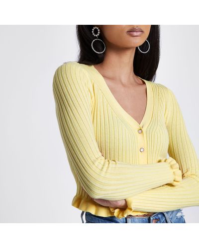River Island Light Yellow Ribbed Frill Cropped Cardigan