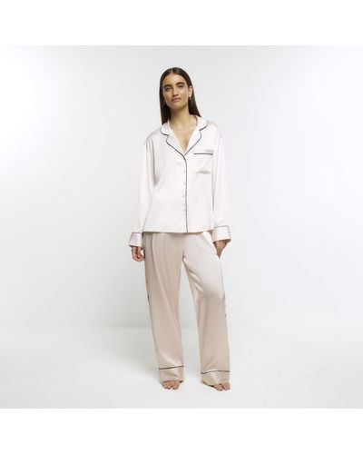 River Island Pink Satin Diamante Pyjama Set - White