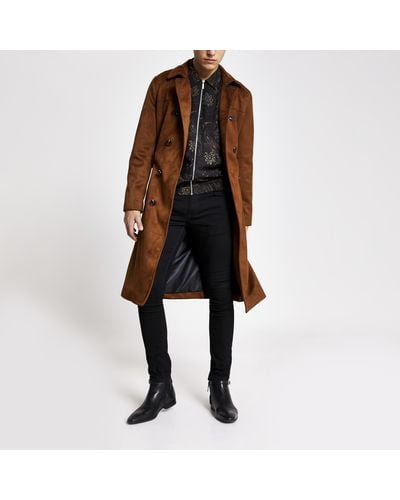 River Island Smart Western Faux Suede Belted Trench - Brown