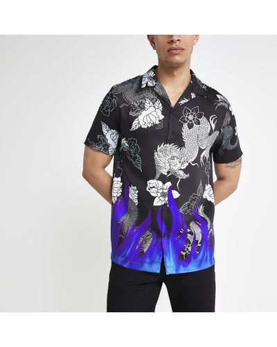 River Island Neon Flame Short Sleeve Shirt - Black