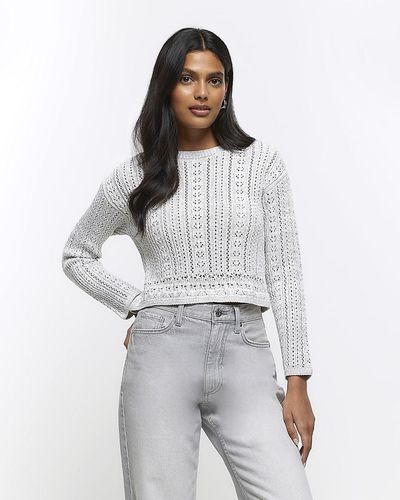 River Island Silver Crochet Crop Sweater - White