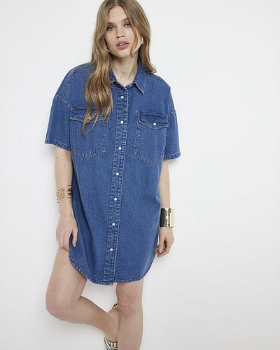 River Island Denim Buttoned Mini Shirt Dress - Blue