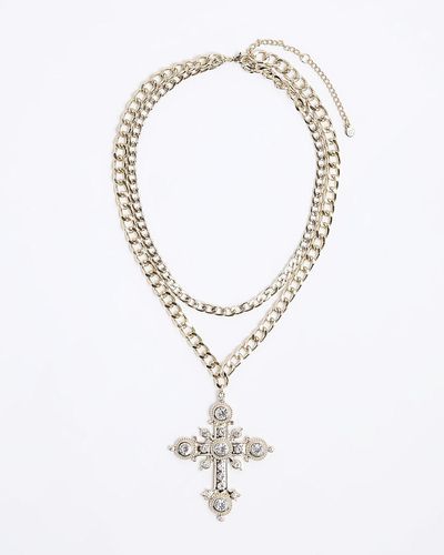 River Island Gold Chunky Cross Necklace - White