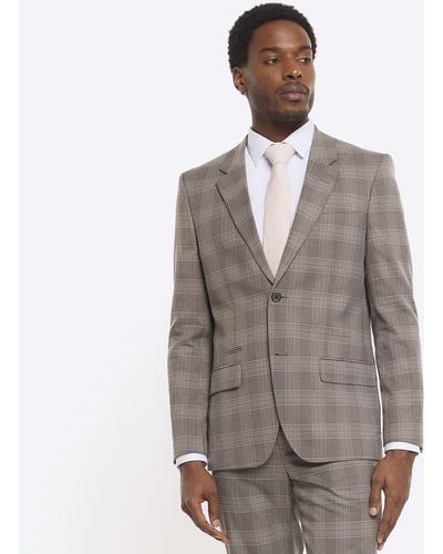 River Island Slim Fit Check Suit Jacket - Grey