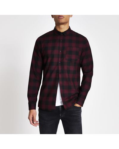 River Island Red Check Long Sleeve Slim Fit Shirt