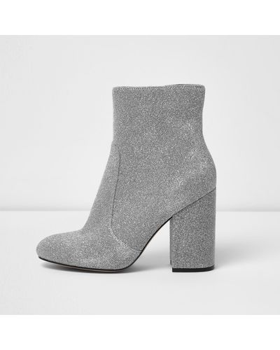 River Island Silver Glitter Block Heel Sock Boots - Gray