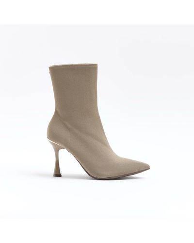 River Island Beige Knit Heeled Ankle Boots - White
