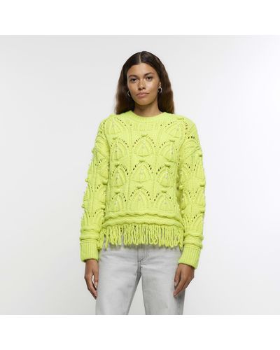 River Island Cable Knit Fringe Sweater - Yellow