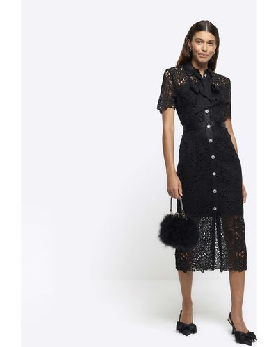 River Island Black Lace Bow Neck Midi Shirt Dress