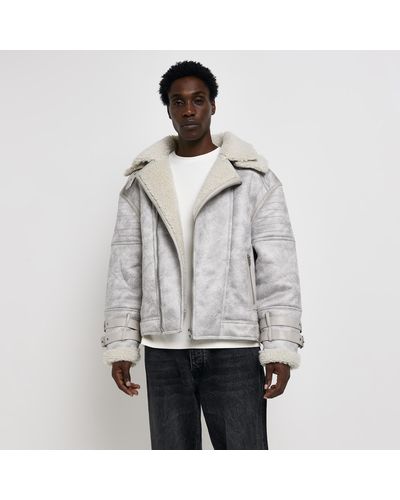 River Island White Crackle Faux Shearling Aviator Jacket - Grey