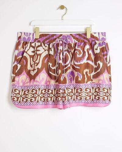 River Island Plus Purple Satin Abstract Elasticated Shorts - Pink