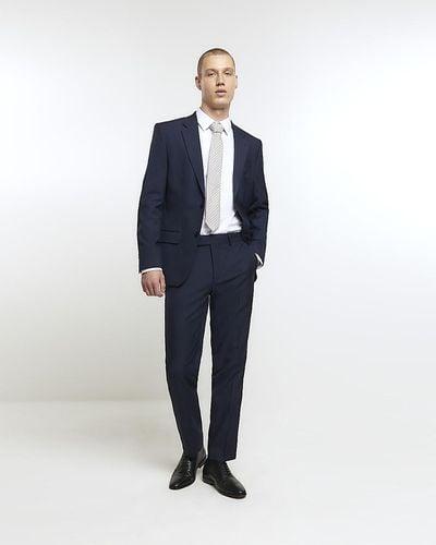 River Island Navy Slim Fit Twill Suit Trousers - Blue