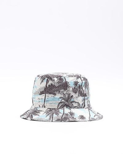 River Island Blue Palm Tree Bucket Hat - White
