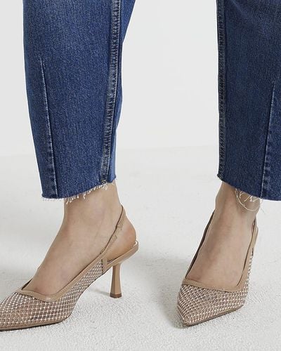 River Island Beige Wide Fit Diamante Heeled Court Shoes - Blue