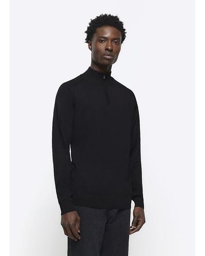 River Island Black Slim Fit Knitted Half Zip Sweater