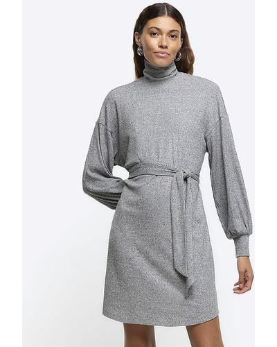 River Island Gray Rib Belted Sweater Mini Dress
