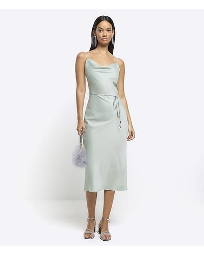 River Island Green Satin Cowl Neck Slip Midi Dress - White