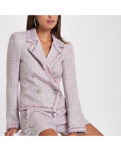 River Island Pink Double-breasted Boucle Jacket