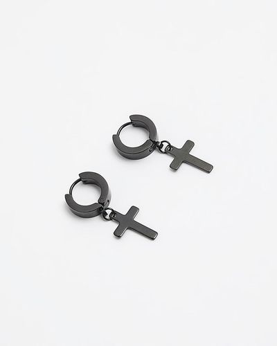 River Island Black Stainless Steel Cross Hoop Earrings - White