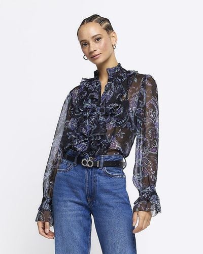 River Island Black Chiffon Paisley Frill Blouse - Blue