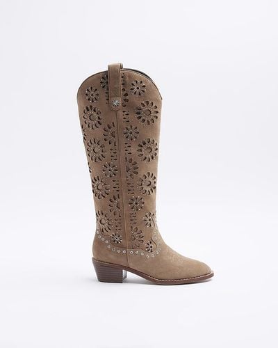 River Island Suede High Leg Cut Out Western Boot - Brown