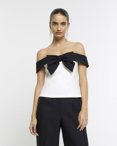 River Island Bow Detail Bardot Top - White