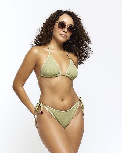 River Island Khaki Crinkle Tie Side Bikini Bottoms - Green