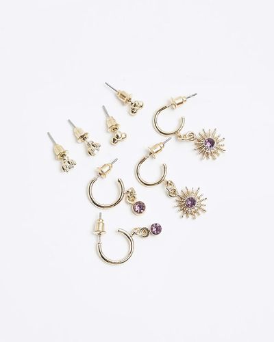 River Island Gold Color Amethyst Stone Earrings Multipack - White
