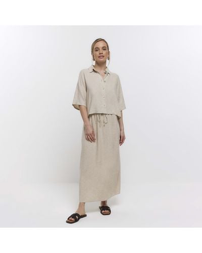 River Island Stone Midi Skirt With Linen - White