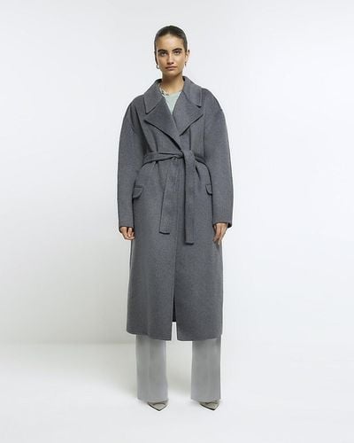 River Island Gray Wool Blend Belted Coat