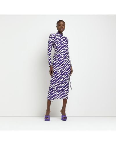 River Island Purple Long Sleeve Wrap Bodycon Midi Dress - Blue