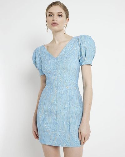 River Island Blue Abstract Puff Sleeve Bodycon Mini Dress