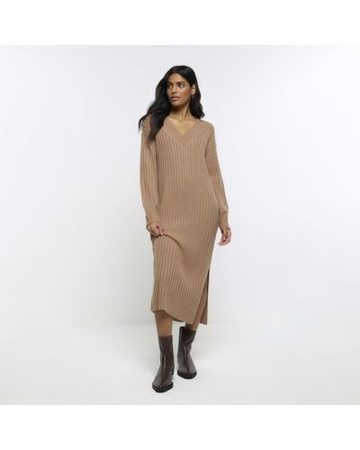 River Island Brown Rib Sweater Maxi Dress - Natural