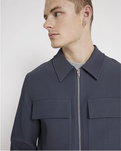 River Island Blue Regular Fit Plisse Zip Up Overshirt