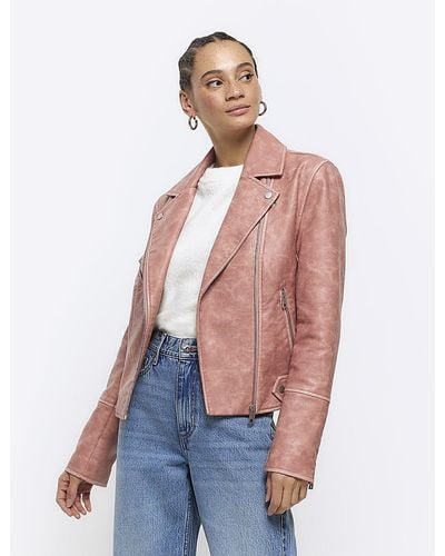 River Island Pink Faux Leather Distressed Biker Jacket - White