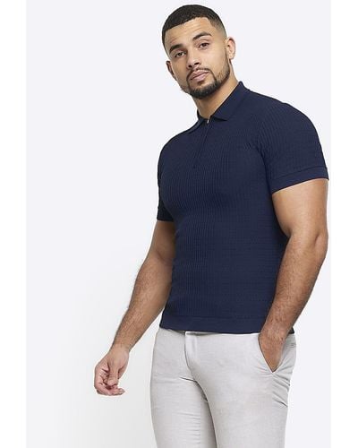 River Island Knitted Half Zip Polo - Blue