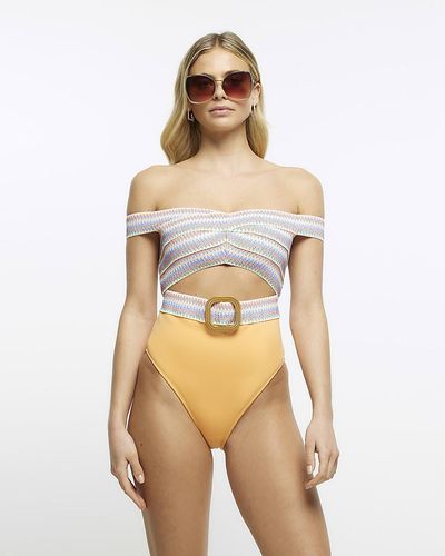 River Island Stripe Elastic Bardot Swimsuit - Natural