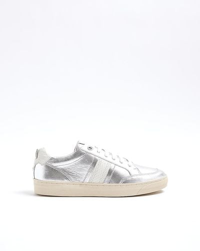 River Island Silver Leather Lace Up Trainers - White