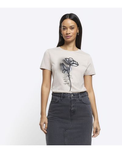 River Island Beige Embroidered Floral T-shirt - White