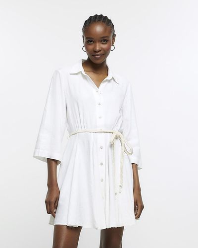 River Island Belted Mini Shirt Dress With Linen - White