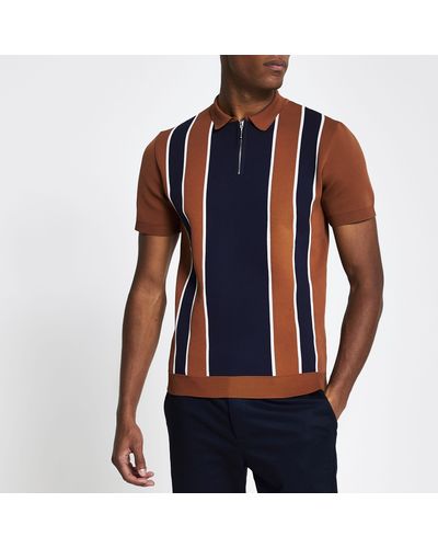 River Island Rust Short Sleeve Stripe Knitted Polo Shirt - Blue