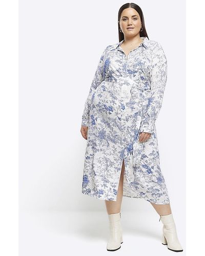 River Island Floral Belted Midi Shirt Dress - White