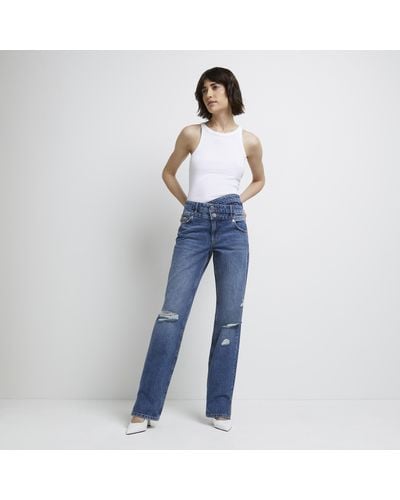 River Island Blue Ripped High Waisted Straight Leg Jeans