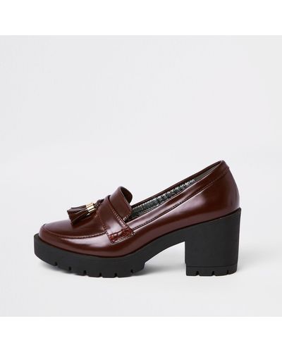 River Island Heeled Chunky Loafers In Burgundy - Red