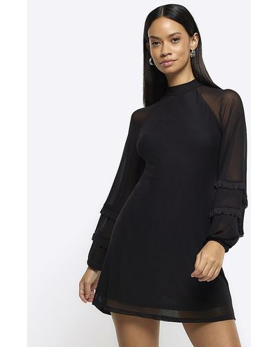 River Island Mesh Sleeve Shift Mini Dress - Black