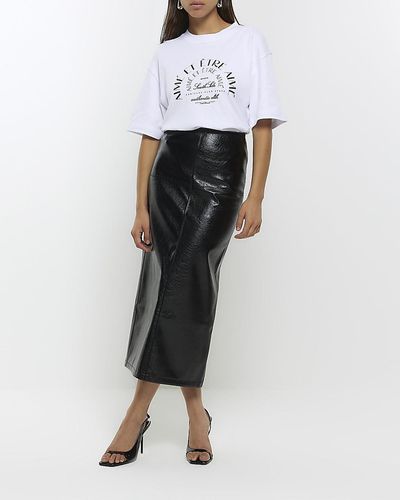 River Island Black Faux Leather Seamed Midi Skirt - White