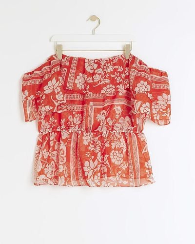 River Island Plus Red Floral Frill Bardot Top